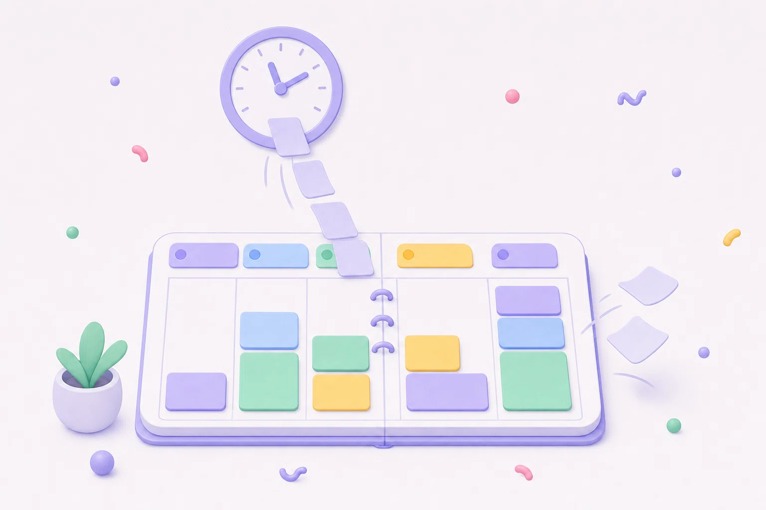 Illustrazione piatta di schede attività ripetute che si piegano in una timeline del calendario Mac ordinata a blocchi colorati
