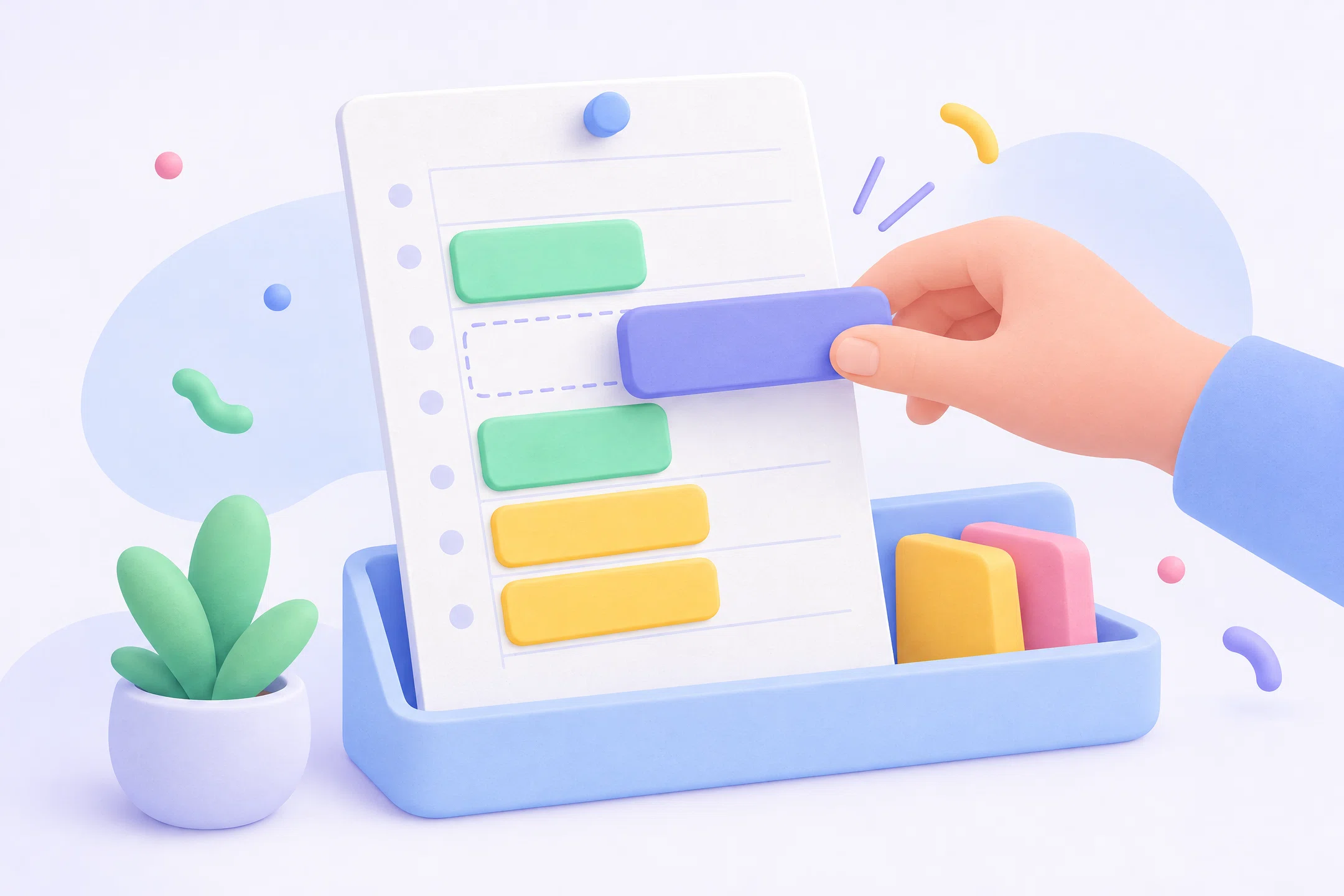 Flache Illustration eines Browserfensters, das sich in einen aufgeräumten Desktop-Kalender faltet, während farbige Blöcke in die Lücken zwischen Meetings gleiten