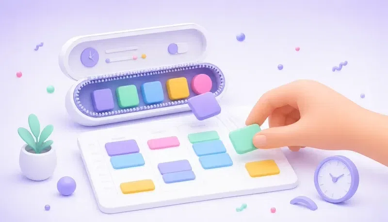 Un planner nella barra dei menu del Mac sovrapposto a una settimana di Google Calendar con blocchi di tempo colorati accanto agli eventi delle riunioni