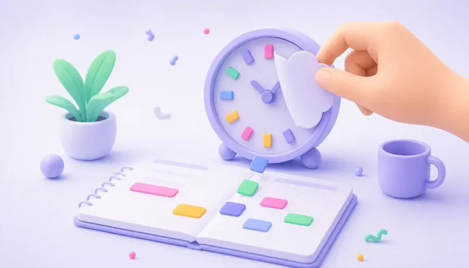 浮かぶ時計を見つめる人物の周りにタイムブロックが配置されたイラスト。ADHDのタイムブラインドネスと時間を見える化することを表現
